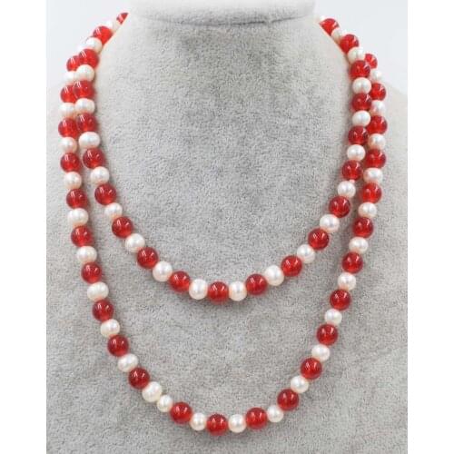 Freshwater pearl and red jade round 8mm necklace 45inch wholesale nature beads FPPJ gemstone