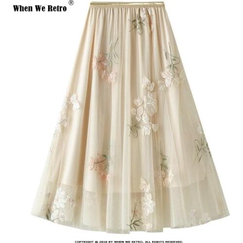 Dragonfly Embroidery Summer Tulle Long Skirts Womens Mesh A-line Saia Female Jupe Tutu Skirts Faldas Mujer VD2079
