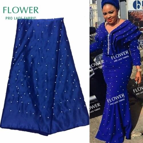 Blue African Satin Lace Fabric Beaded Nigerian Women Evening Dress Designer Fabrics Indian African Satin Fabrics Free Shipping