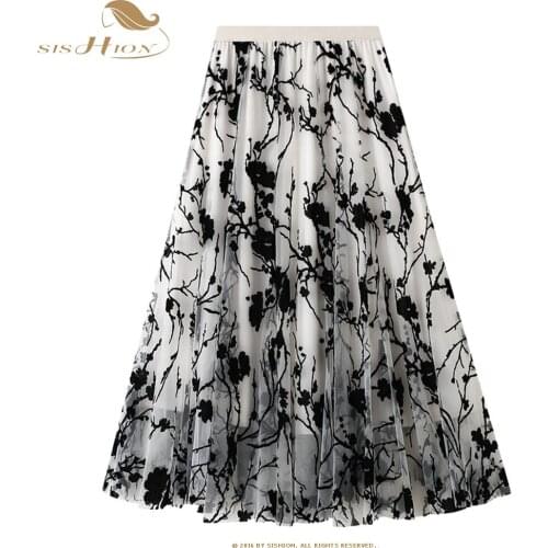 SISHION 2021 Spring Korean Floral Skirt QZ0245 Women Black Blue Apricot High Waist Tulle Long Skirt