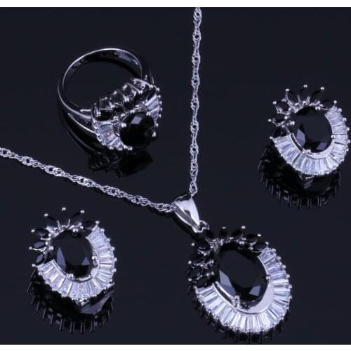 Sublime Flower Black Cubic Zirconia White CZ Silver Plated Jewelry Sets Earrings Pendant Chain Ring V1002