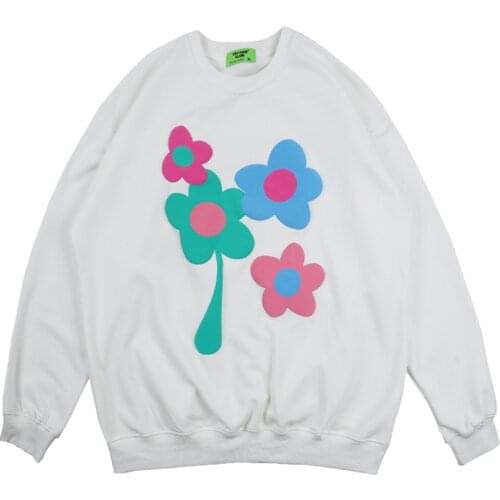Ins Loose Casual White Flower Sweatshirt Womens Sweatshirts Japanese Harajuku Ulzzang Vintage Oversize Female Korean Clothing