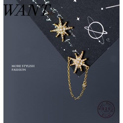 WANTME Real 925 Sterling Silver Creative Light Star Cuban Chain Stud Earrings for Fashion Women Punk Party Jewelry Accessories
