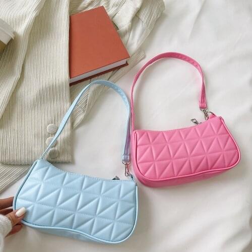 Womens Bag Trend 2021 Underarm Shoulder Bag Embossed Geometric PU Leather Checker Pattern Ladies Solid Color Handbags Purses