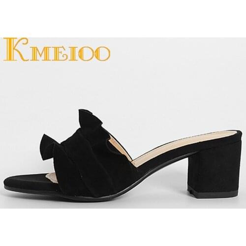 Kmeioo Women Sandals 2020 Fashion Ruffles Slippers Block Heels Slip On Loafers Pleated Ladies Dress Casual Shoes Size US 5-14
