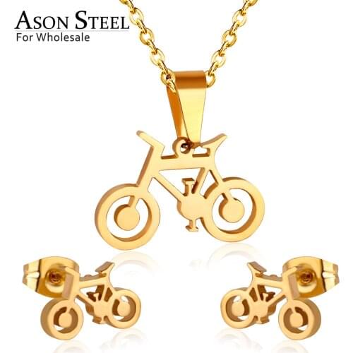 ASONSTEEL Gold Color Jewelry Sets 316L Stainless Steel for Women 2019 Bike Pendant Necklace Small Stud Earrings for Femme