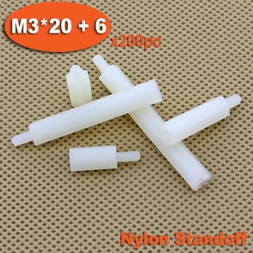 200pcs Male To Female Thread M3 x 20mm + 6mm White Plastic Nylon Hexagon Hex Standoff Spacer Pillars