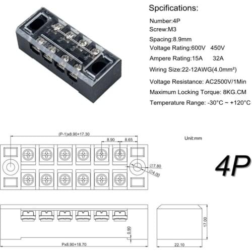 5Pcs 4P Screw Barrier Terminal Block 4 Postions Terminal Barrier Strips
