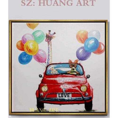 Household adornment art on canvas oil painting of modern wall art cute animals road trip to open sports car ready to go home