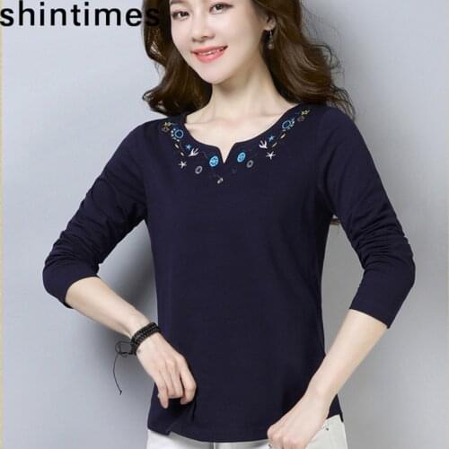 Shintimes Vintage T-Shirt Embroidery T Shirt Long Sleeve Tshirt Women Clothes 2021 V-Neck Cotton Floral Plus Size Camiseta Mujer