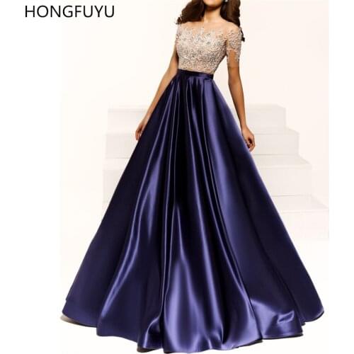 HONGFUYU Short Sleeves A-line Evening Dresses فساتين السهرة With Beading Party Gowns Formal Satin Prom Dress вечернее платье