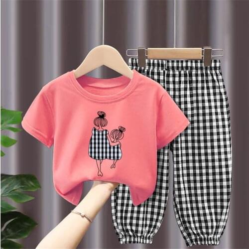 Kids Summer Clothes Set Girl Cartoon Print T Shirt+Plaid Pants Children Outfits 4 6 8 10 Years Teen Girls Clothing Suits