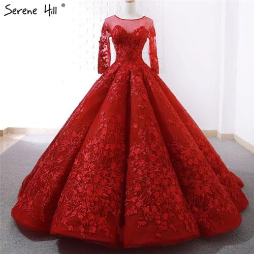 Red Handmade Flowers High-end Wedding Dresses Design 2020 O-Neck Long Sleeves Bridal Gowns Real Photo HM66699 Custom Made