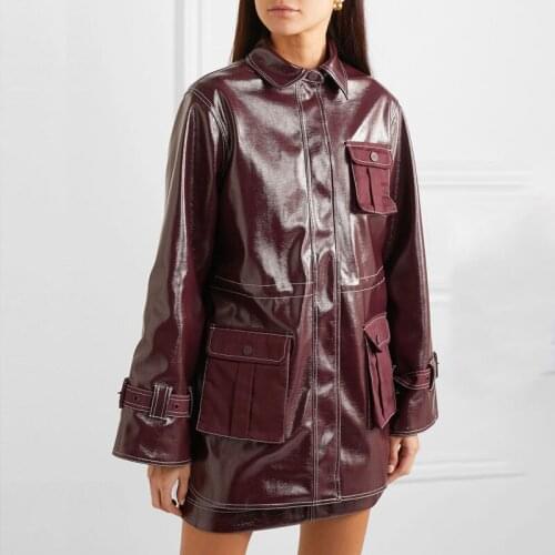 Women Burgundy Adjust Waist Pockets Hollow England Style Faux Leather Jacket Female Spring Fall Short PU Coat PU Jacket Clothes