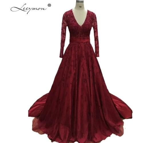 Leeymon Long Sleeves Muslim Evening Dress 2020 Vintage V-neck Satin Embroidery Bead Crystal Prom Dress Robe De Soiree RE30