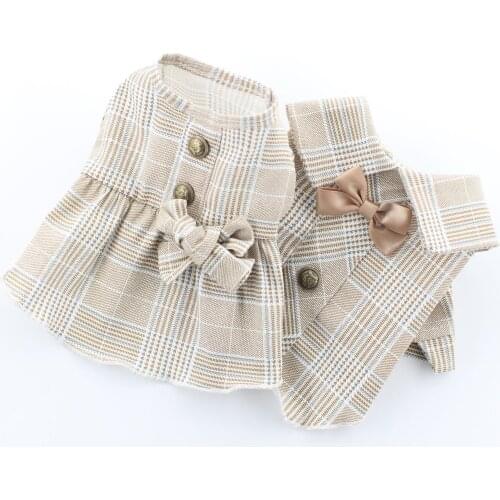Summer Clothes for Dogs Cute Plaid Fresh Khaki Suit Bowknot Dog Shirts Snap Button Decor Dresses for Dogs
