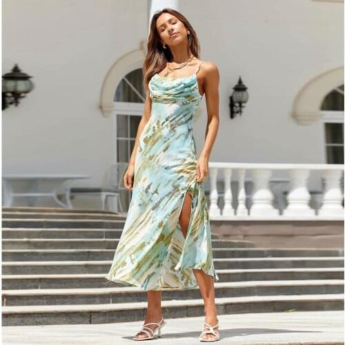 Summer Pleating Printing Halter Dress for Women Side Of The Split Backless Sexy Robe Bohemian Dresses For Femme 2021
