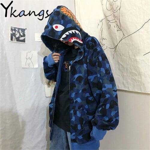 Harajuku Cool Shark Camouflage Hooded Cardigan Kawaii Loose Long Sleeve Design Streetwear Spring Autumn New Bf Unisex Sweatshirt