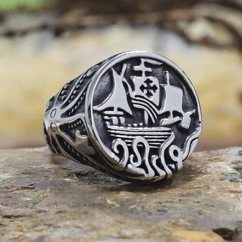 Vintage Gothic Mens Stainless Steel Viking Rings Unique Octopus Tentacle Pirate Ship Ring Norse Amulet Jewelry Size 7-15