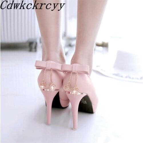 Spring and Autumn New pattern fashion Round head High-heeled Women Shoes black white Pink Sweet Rhinestone Bow Women Shoes 34-45