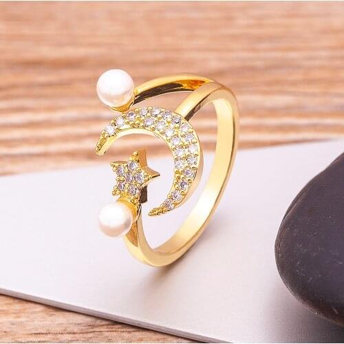 New Hot Selling Gold Color Open Adjustable Moon Star Shape Micro Paved Zircon Ring Fashion Wrap Dainty Freshwater Pearl Jewelry