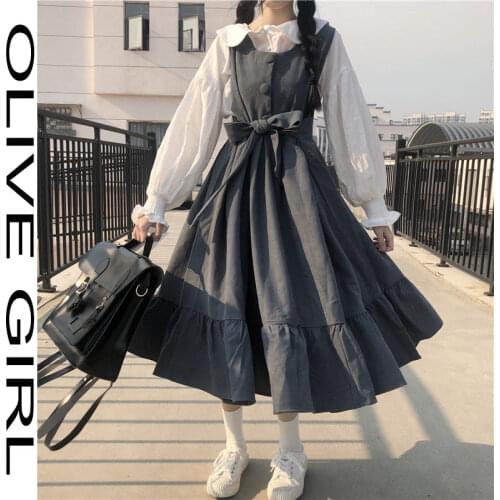 2021 Summer Maxi Dresses Shirts For Women Casual Kawaii Fairy Clothes Long Sleeve Strap Dress Lolita Harajuku Cottagecore Robe