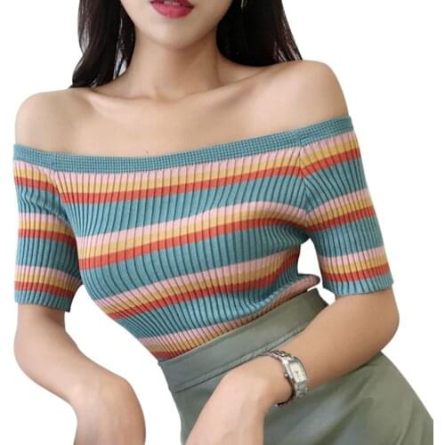 Sexy Stripe Women Summer Tees Top Off The Shoulder Half Sleeve Knitted Ladies Korean Sweet Tshirt
