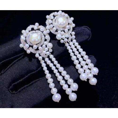 Natural fresh water pearl drop earring 925 sterling silver with cubic zircon tassels high quality fine women jewelry