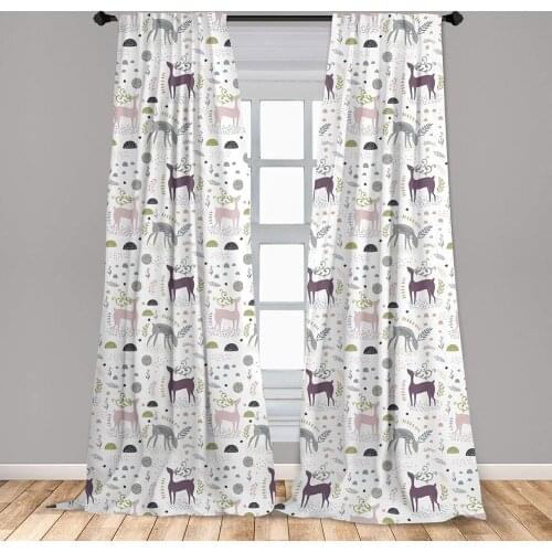 Forest Curtain for Kids Room Enchanted Woodland Creatures Deer with Curved Antlers Foliage Dotted Rocks Window Drapes