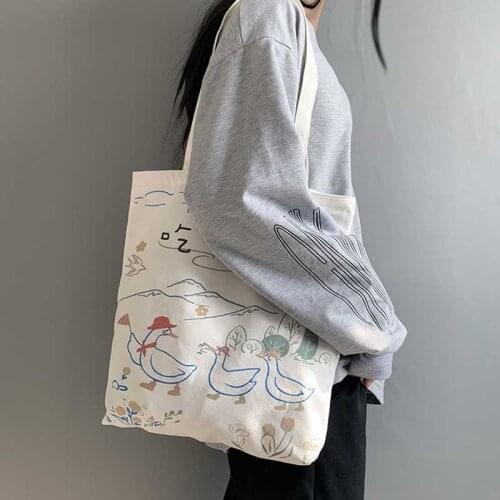 Duck Printing Women Student Canvas Shoulder Shopper Bag Large Cotton Cloth Ladies Handbag Eco Reusable Shopping Bag