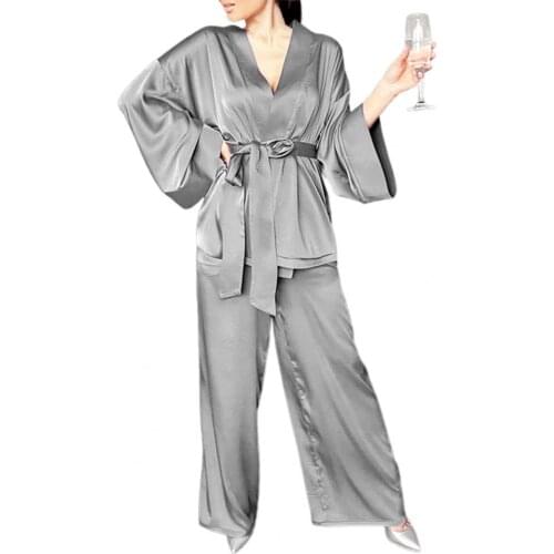 Women Pajamas V Neck Solid Color Two-piece Set Cardigan Long Sleeve Pajamas Home Pajama Sets