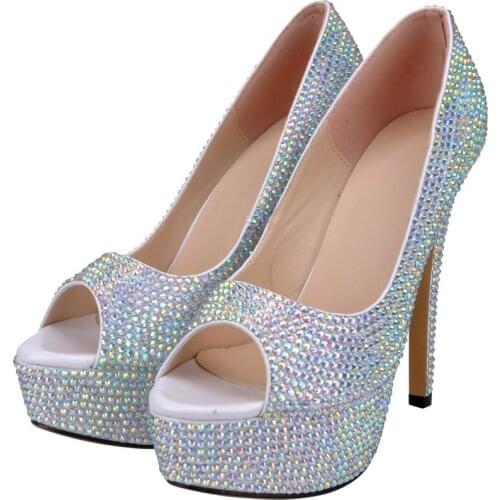HOT Women Shoes Pumps Dress Peep Toe Rhinestones Sequined Cloth 14CM Thin High heels Slip On Bling waterproof 2020 size 35-42