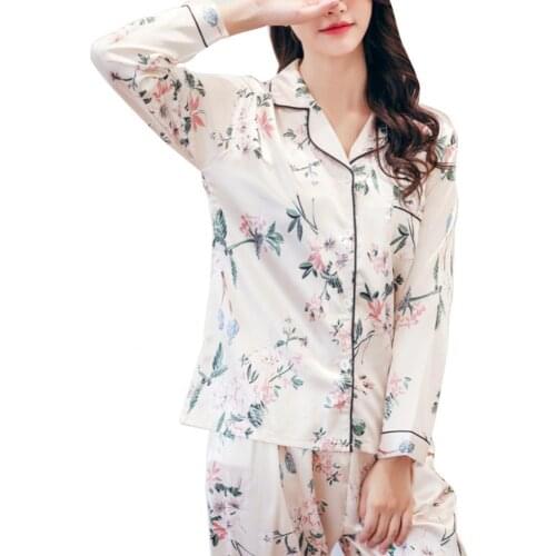 60%HO2Pcs Women Floral Print Long Sleeve Top Pants Imitation Silk Nightwear Pajama Set