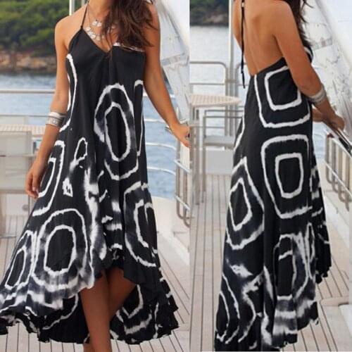 Boho Circle Print V Neck Women Backless Halter Bandage Asymmetric Maxi Dress