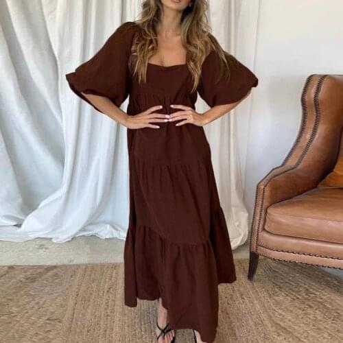 2021 Summer Square Collar Sexy Dress Women Fashion Solid Bow Lace Up Backless Puff Sleeve Casual Midi Sundress Vestidos платье
