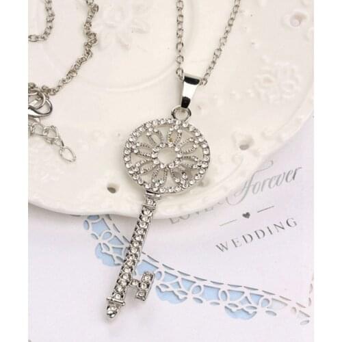 Full Bling Crystal Silver Plated Vintage Dangle Key Long Chain Women Fashion Necklace
