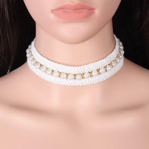 Poputton Pearl Choker Necklaces for Women Jewelry Female Collar White Velvet Choker Necklace with Round Pearl Collier Femme 2018