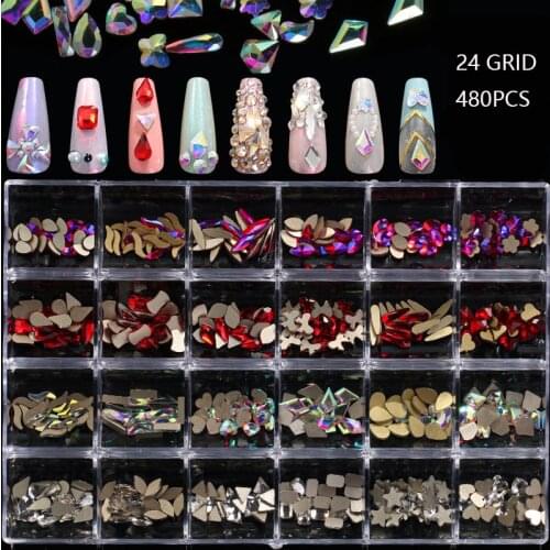 Swarovsky 480Pcs Set Multi-Size Crystal AB Nail Rhinestones Drill Pen Various Shapes 3D Nails Art Decorations Accessories