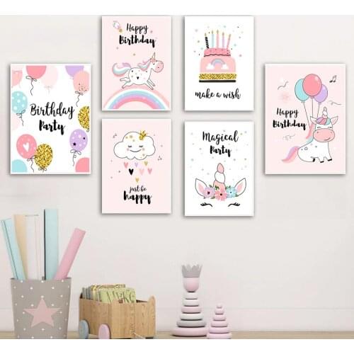 Abstract Unicorn Rainbow Flower Wall Art Poster Balloon Cake Art Print Happy Birthday Quotes Canvas Painting Baby Kid Room Decor