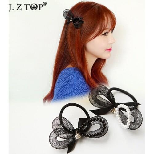 Hair Accessories Rhinestone Black Gauze Imitation Pearl Bow Hair Ring Hair Rope Girl Headdress bijoux de tete bijoux cheveux