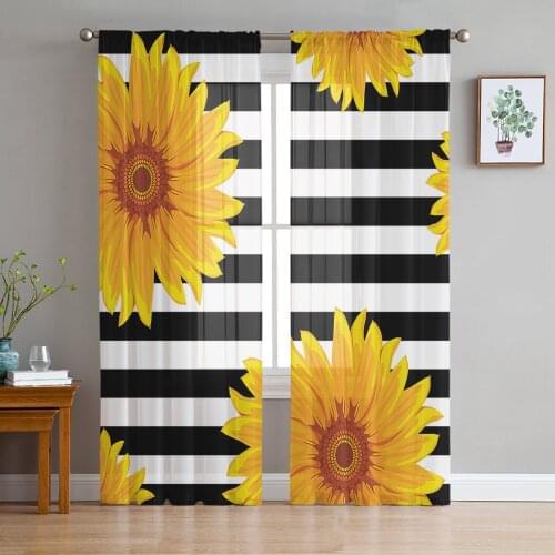 Black And White Striped Sunflower Sheer Curtains for Living Room Bedroom Kitchen Chiffon Tulle Curtains Home Hotel Coffee Decor