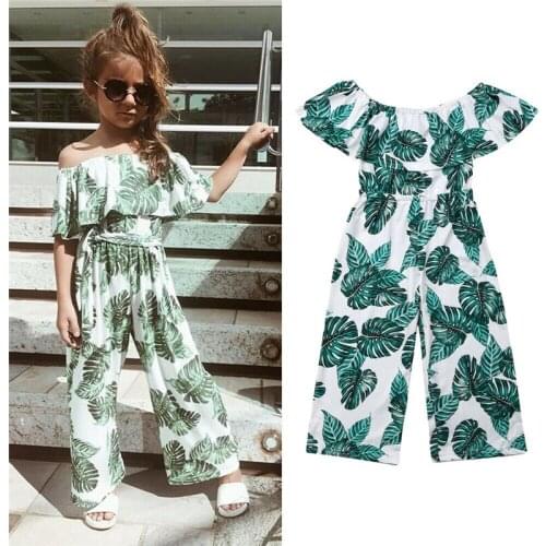 Baby Girl Fashion Leaf Printed Jumpsuits Playsuit 3-8Y Kids Children Summer Casual Off Shoulder Romper Overalls Pants Outfits