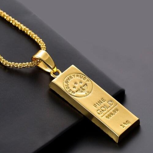 Mens Hip Hop Pendant Necklaces Golden Brick Cube Bar Bullion Charm Round Box Long Chain