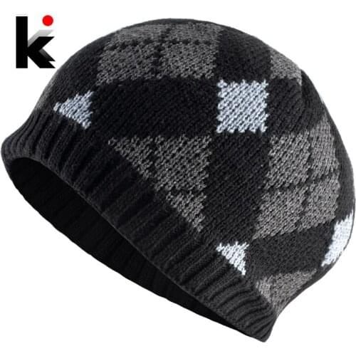 Mens Skullies Beanies Knitted Plaid Hats Gentleman Winter Outdoor Thick Beanies Hat Knitting Double Layer Velvet SkullCap Gorra