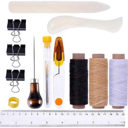 19pcs Leather Craft Kit Starter Tools Set Bone Folder Paper Creaser Waxed Thread Awl Large-eye Needles work For LeatherCraft