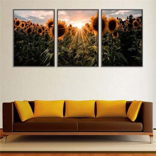 Set of 3 Sunflower Prints Misty Wall Art Nordic Digital Poster Landscape Sunshine Picture with Sun Spruce Photo