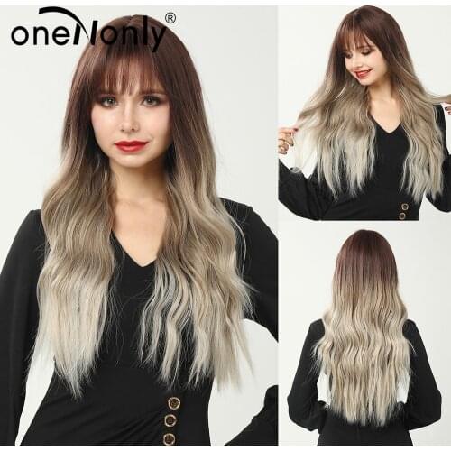 OneNonly Long Ombre Brown to Gray Natural Wave Synthetic Wigs with Bangs for Women Cosplay Natural Hair Heat Resistant