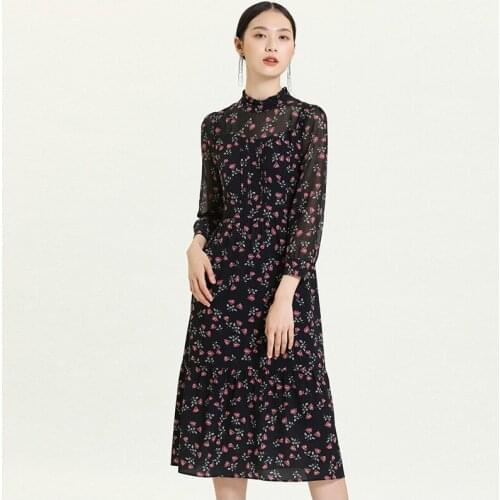 Gowani Autumn Women Dress Floral Printed Fashion Dress Mock-neck Sheer-sleeve Casual Summer Midi Dress for Ladies