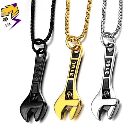 Punk Stainless Steel Black Spanner Pendant Necklaces Men Gold Chains Mechanic Wrench Charms Necklace Steampunk Jewelry