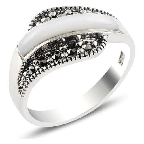 Silver 925 Sterling Pearl & Marcasite Ring
